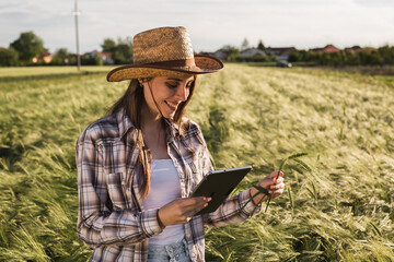 woman outdoor using digital tablet and inspecting corn plant on field