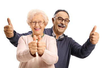 Mature man woth his elderly mother smiling and showing thumbs up