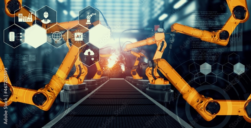 Aufkleber mechanized industry robot arm for assembly in factory production line . concept of artificial intell