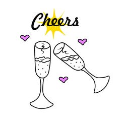 Cheers. Two champagne glasses. Vector Illustration for printing, backgrounds, wallpapers, covers, packaging, greeting cards, posters, stickers, textile, seasonal design. Isolated on white background.