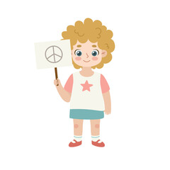 Friendly girl hold plate with peace sign. Cute child with curl blond hair show banner on a stick.