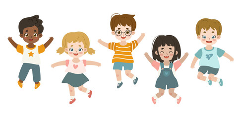 Cute multiracial children jumping. Happy diverse kids dancing. Set of smiling little friends.