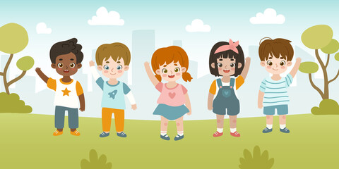 Happy little cartoon children stand in the park and wave their hand. Group of friendly kids on a walk.