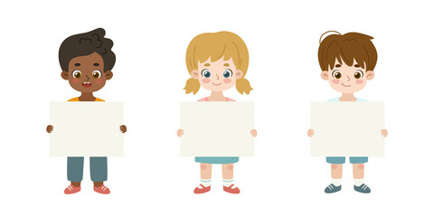 Happy little children holding empty banner. Cartoon kids show blank paper sheet.