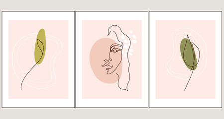 Botanical wall art poster set with abstract shapes, minimalist plant elements, female face.