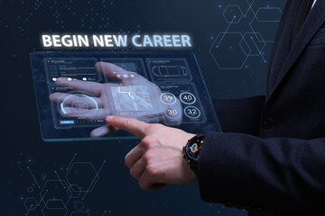 Business, Technology, Internet and network concept. Financial Graph. Stock Market chart. Young businessman working on a virtual screen of the future and sees the inscription: Begin new career