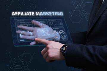 Business, Technology, Internet and network concept. Financial Graph. Stock Market chart. Young businessman working on a virtual screen of the future and sees the inscription: Affiliate marketing