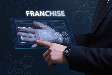 Business, Technology, Internet and network concept. Financial Graph. Stock Market chart. Young businessman working on a virtual screen of the future and sees the inscription: Franchise