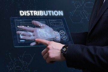 Business, Technology, Internet and network concept. Financial Graph. Stock Market chart. Young businessman working on a virtual screen of the future and sees the inscription: Distribution