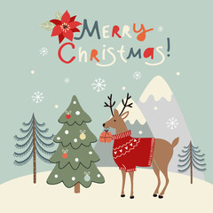 cute christmas deer with a gift on the background of winter nature, vector illustration