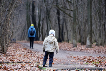 Little boy stands in autumn park on background of departing woman. Concept of offended child,...