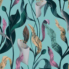 Multicolored floral pattern on a green background, seamless stylized plants.
