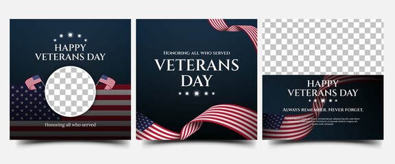 USA Veterans day social media post template design collection. Editable modern banner with place for the photo. Usable for social media, greeting card, banner, and website.