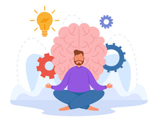 Relaxed man meditating in yoga pose flat vector illustration. .Spiritual body training with mentally healthy brain in background..Mindfulness, life balance, spirituality, healthy lifestyle concept
