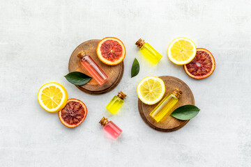 Citrus cosmetic with vitamin c and fruits essential oil. Top view