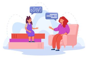 Speech language pathologist flat vector illustration. Happy female specialist helping girl overcome articulation problems. Basic language skills, speech therapy, medicine concept