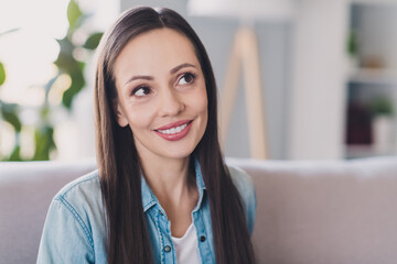 Portrait of attractive cheerful curious long-haired girl making solution pondering staying home...