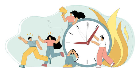 Failed deadline. Time is over. The deadlines have been disrupted. People are in a hurry to fulfill the contract. Vector flat illustration.