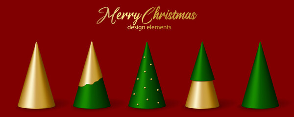 Christmas and New Year decor. Set of 3D cartoon golden and green Christmas trees.