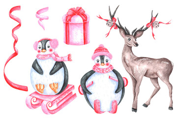 Christmas cute animals watercolor illustration set. Winter sport. Penguins on skis, sledges. Christmas deer. Gift box. Ribbons. Pink color. Illustrations are isolated. For printing on cards, stickers.