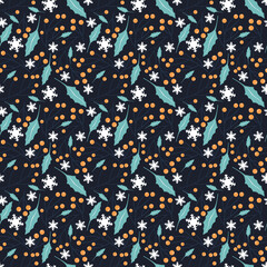 seamless pattern with winter leaves, snowflakes and berries