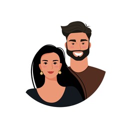 Beautiful couple, young woman and man, portraits. Vector illustration in flat style.