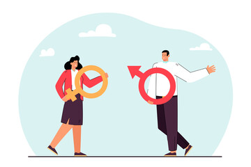 Cartoon couple holding male and female symbols. Man and woman with gender symbols flat vector illustration. Gender equality, communication concept for banner, website design or landing web page
