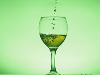 A drink (juice, cocktail, wine) is poured into a glass glass. Photo on a green background.