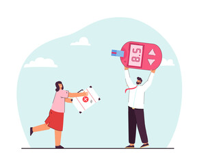 Doctor with first aid kit running towards patient with diabetes. Man holding glucose meter flat vector illustration. Medicine, health concept for banner, website design or landing web page