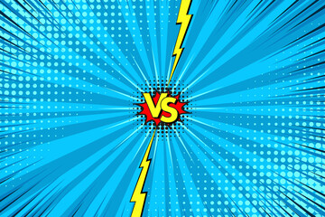 VS comic background. Pop art versus pattern with halftone. Superhero dotted print. Cartoon vintage texture. Funny wow backdrop. Geometric duotone banner. Blue gradient design. Vector illustration