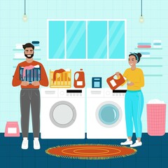 Happy woman laundry. Man helps the woman to wash. Vector illustration in flat cartoon style.
