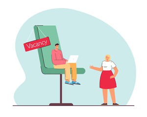 Tiny manager sitting on chair with vacancy sign and hiring woman. Female employee at job interview flat vector illustration. Recruitment, employment, job interview concept for banner or landing page