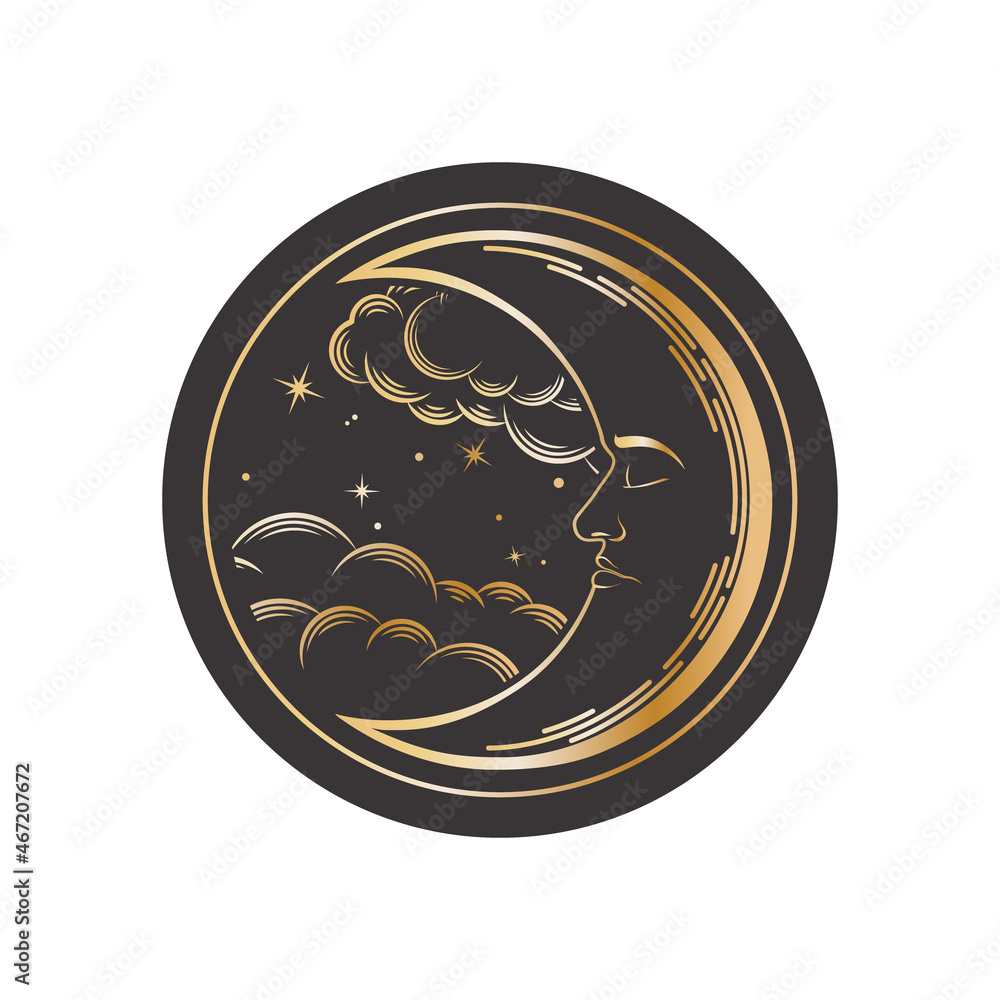 Canvas Prints vector isolated label with mystical crescent with a sleeping face, clouds and stars on a black backg