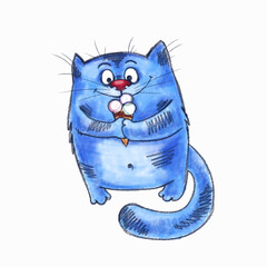 Handpainted watercolour digital blue cat