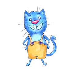 Handpainted watercolour digital blue cat in shorts