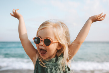 Funny kid girl playing outdoor surprised emotional child in sunglasses 3 years old baby raised hands family vacations - obrazy, fototapety, plakaty
