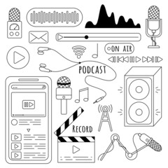 Podcast and audio icon set in a flat style, isolated on a white background. Microphone, record, music wave line icon collection. Vector illustration