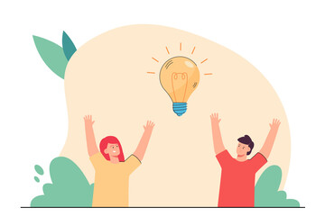 Happy cartoon boy and girl with creative idea. Lightbulb above cheerful children flat vector illustration. Teamwork, creativity, inspiration concept for banner, website design or landing web page