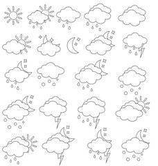 Weather icons collection. Cloud, sun, moon, snow, snowflake, rain, storm, signs set Isolated weathers symbols . Meteorology vector website illustration.