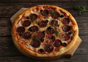 pepperoni pizza with sausage and olives on a dark wooden background