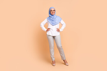 Full length photo of millennial eastern hr modern lady stand wear headwear shirt eyewear trousers...