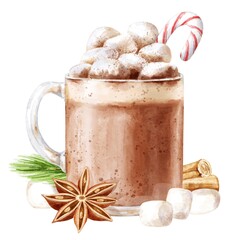 Hot cocoa in a glass mug, composition on white background. Drink illustration.	