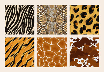 Set of seamless exotic african animal skins. Zebra, leopard, cheetah, giraffe, snake, jaguar, tiger and cow vector textures.