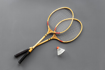 Flat lay of badminton rackets and shuttlecock. Top view
