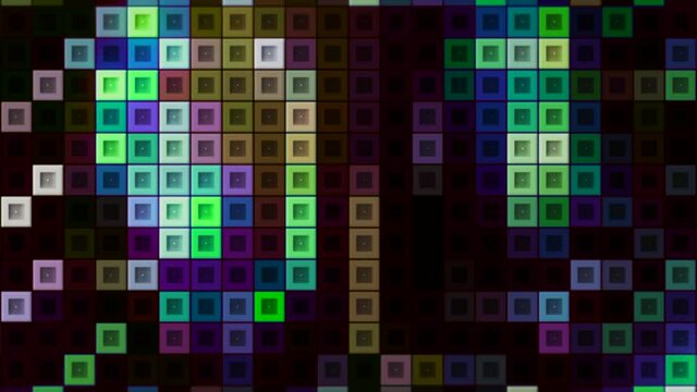 Background with colorful squares in tetris. Motion. Electronic tetris with moving neon squares. Stylish background with colorful squares moving in retro game style