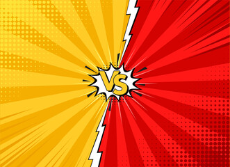 VS background. Comic versus print with radial halftone. Pop art superhero dotted pattern. Cartoon vintage banner. Funny yellow red backdrop. Duotone texture. Gradient design. Vector illustration
