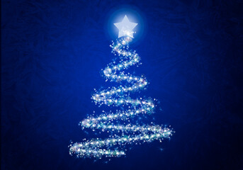 Árbol de navidad iluminado en fondo azul.
