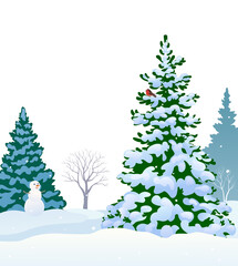 Vector cartoon illustration of snowy trees and snowman, isolated on white background