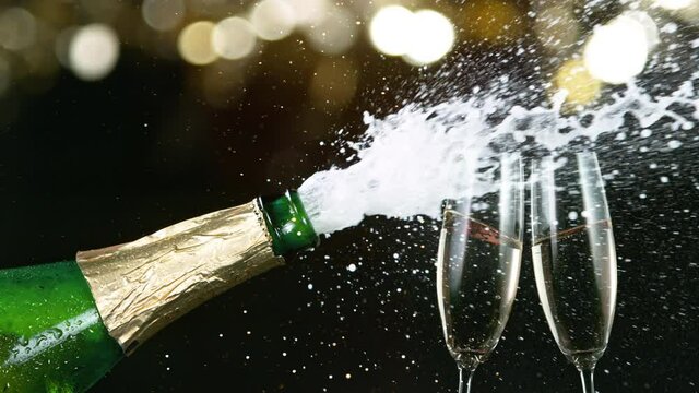 Super slow motion of Champagne explosion with flying cork closure, opening champagne bottle closeup. Filmed on high speed cinematic camera at 1000 frames per second.