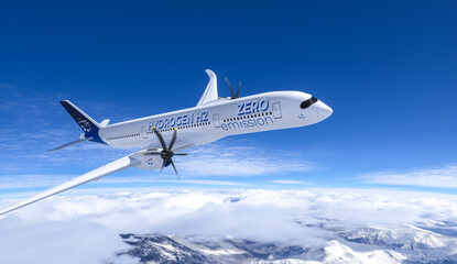 Naklejka na ściany i meble Blue Hydrogen filled H2 Aeroplane flying in the sky - future H2 energy concept.